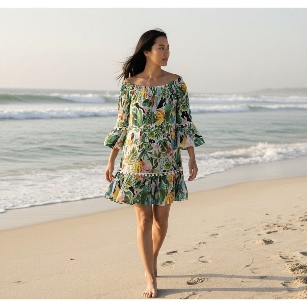 NEW! True Destinations Tropical Off Shoulder Dress Pom Pom SZ XL - Picture 3 of 10